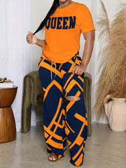  Casual Queen Print Top & Ripped Pants Set