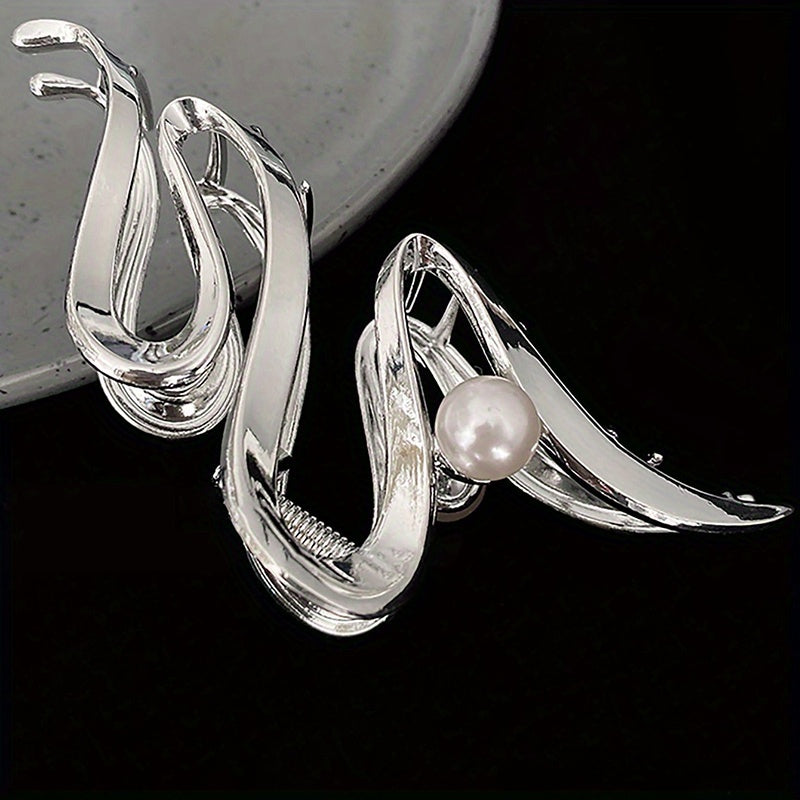 Wavy Faux Pearl Hair Claw Clip Silvery Strong Grip