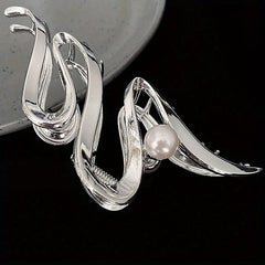 Wavy Faux Pearl Hair Claw Clip Silvery Strong Grip