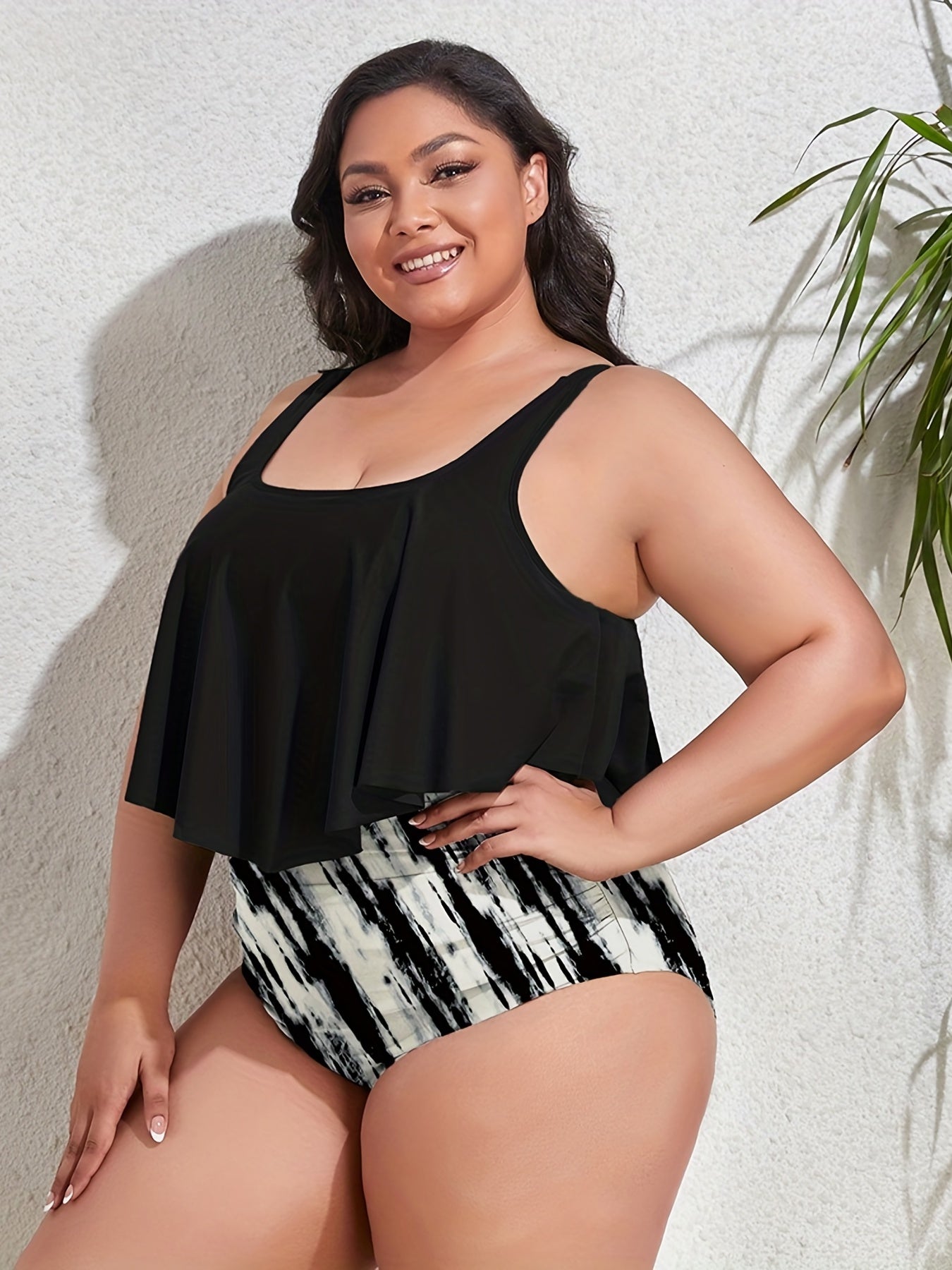  Solid Top & Multicolor Panty Tankini Set