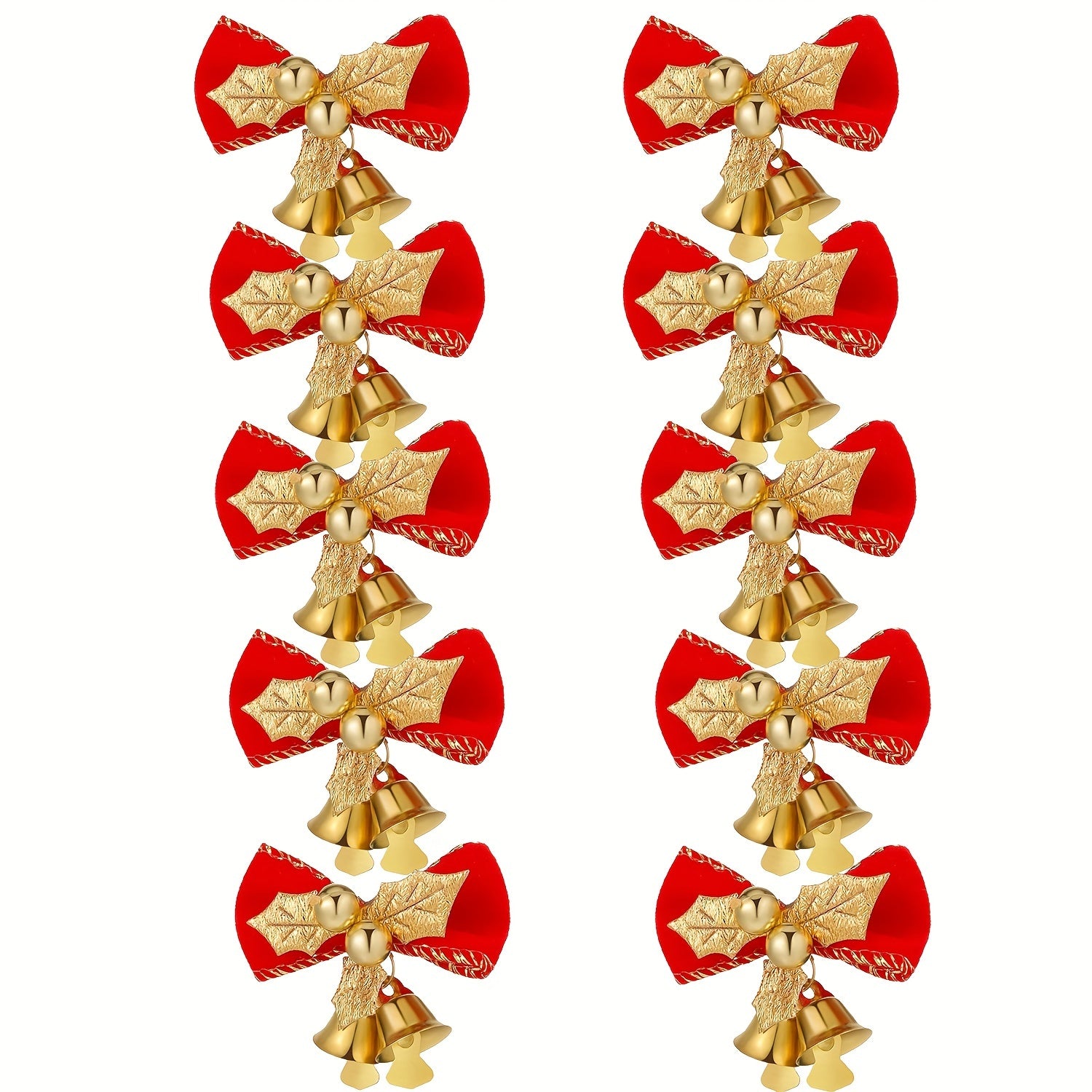 10pcs Christmas Bows With Bells Red Golden Ornaments For Christmas Tree