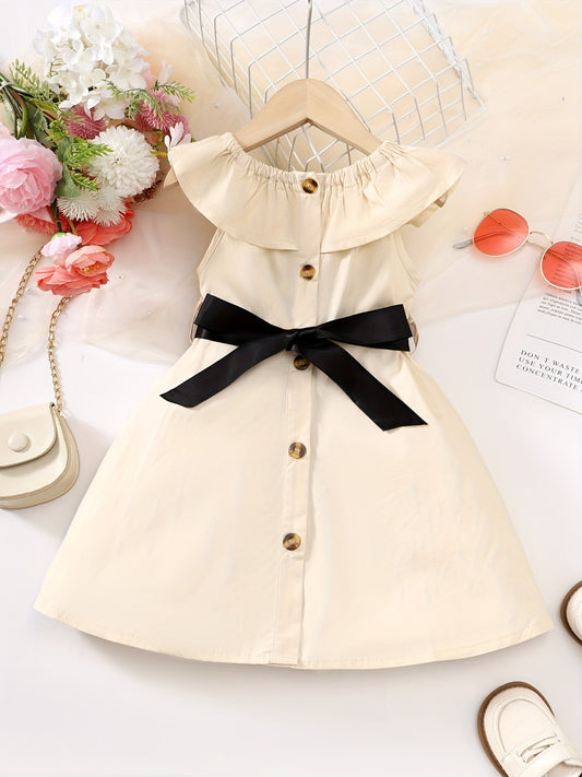 Girls Sleeveless Doll Collar Dress Bow Waistband Front Button Flared Dress