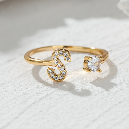 Golden Stackable Alphabet Rings Crystal Initial Rings Adjustable Bridesmaid
