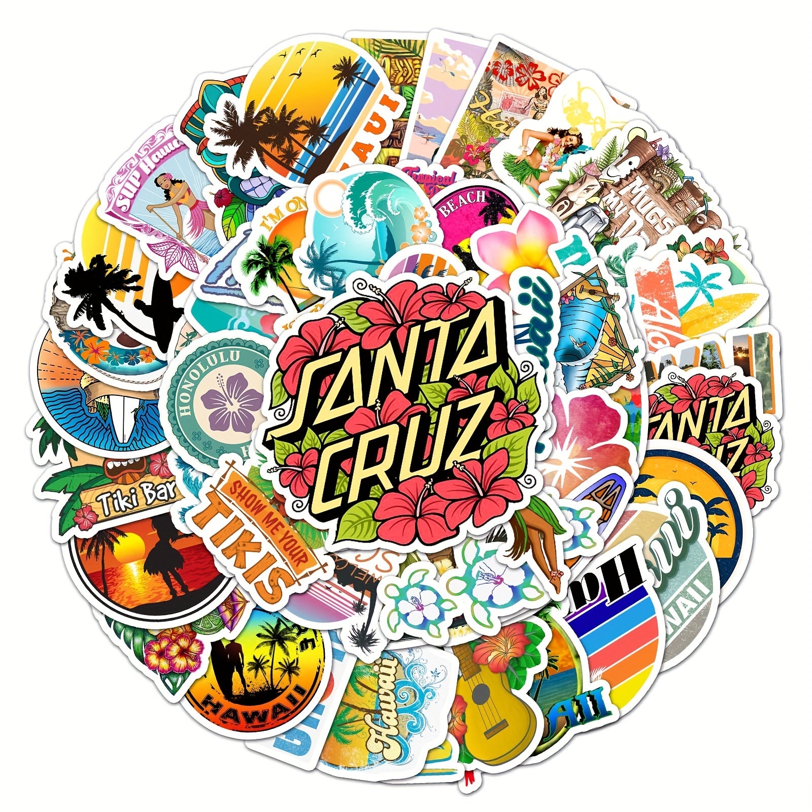 50pcs Hawaii Pattern Waterproof Stickers for Water Bottles Laptop Luggage
