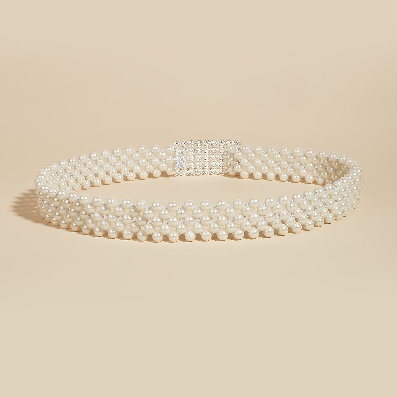 Faux Pearl Rhinestone Buckle Elastic Waist Belt