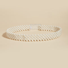 Faux Pearl Rhinestone Buckle Elastic Waist Belt