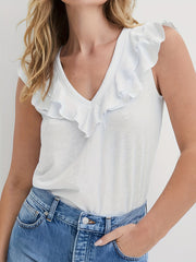  Casual Tank Top Women's Plus Plain Ruffle Trim V Neck