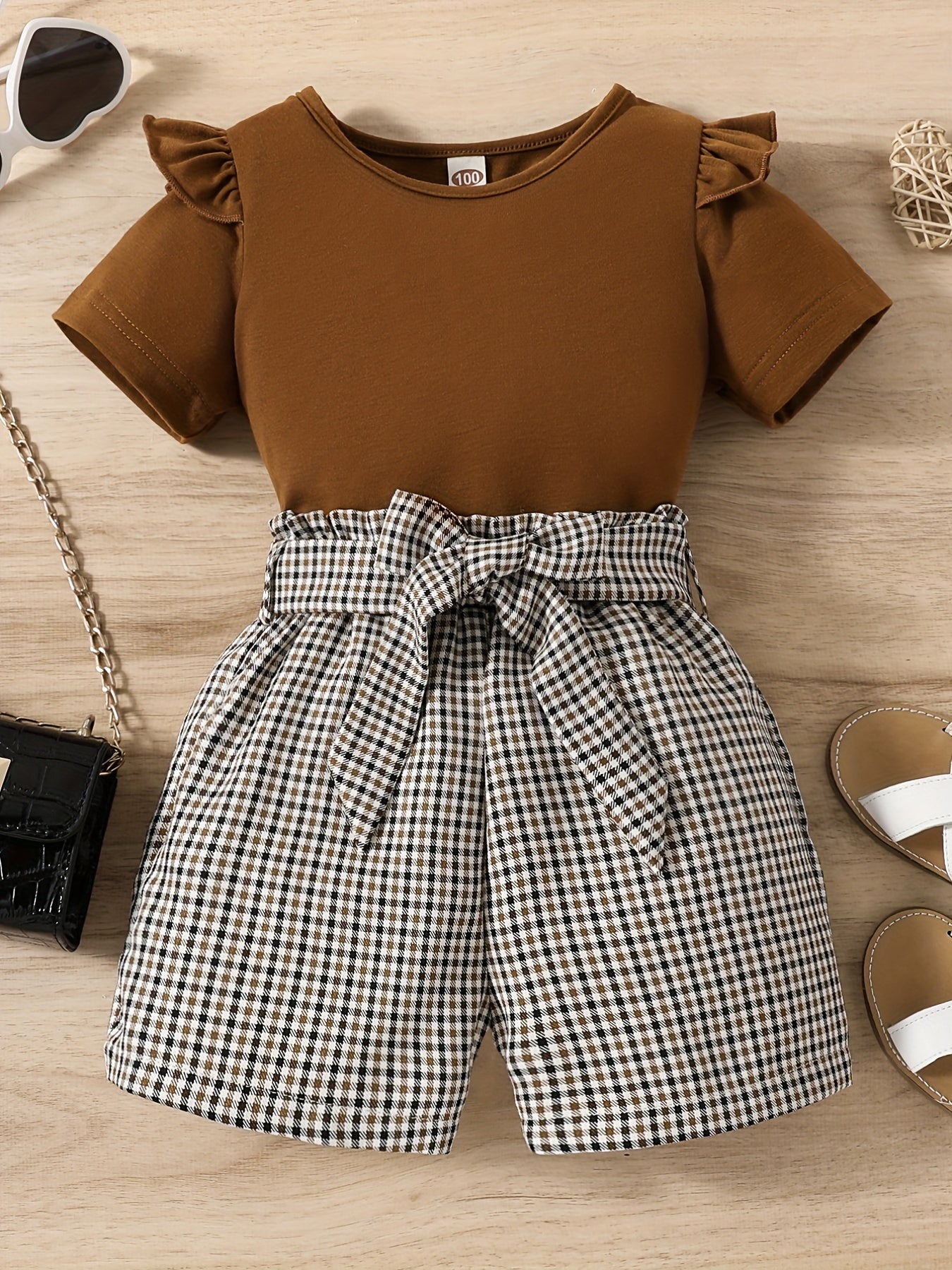 Girls Ruffled Short Sleeve Tee & Plaid Shorts Set with Belt