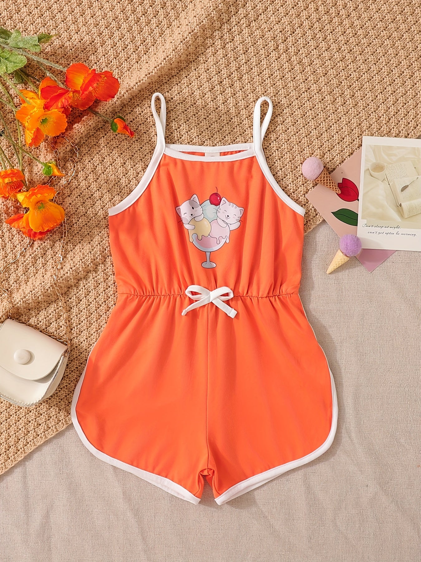 Toddler Girls Cup And Cat Graphic Bow Front Cami Rompers