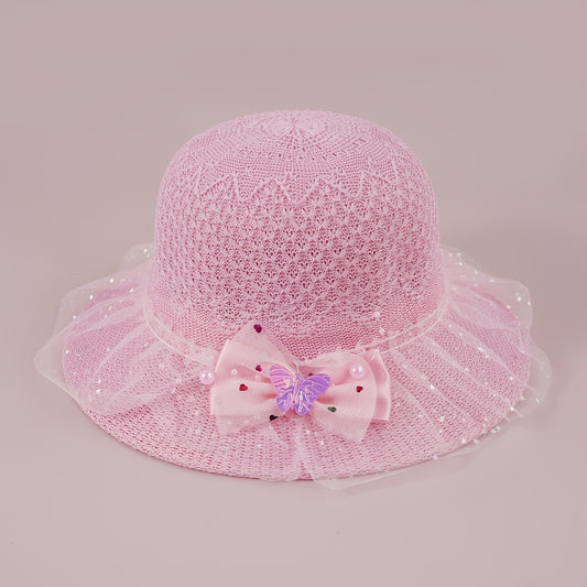 Girls Faux Pearl Bow Lace Hat Straw Sun Protection Kids Accessories