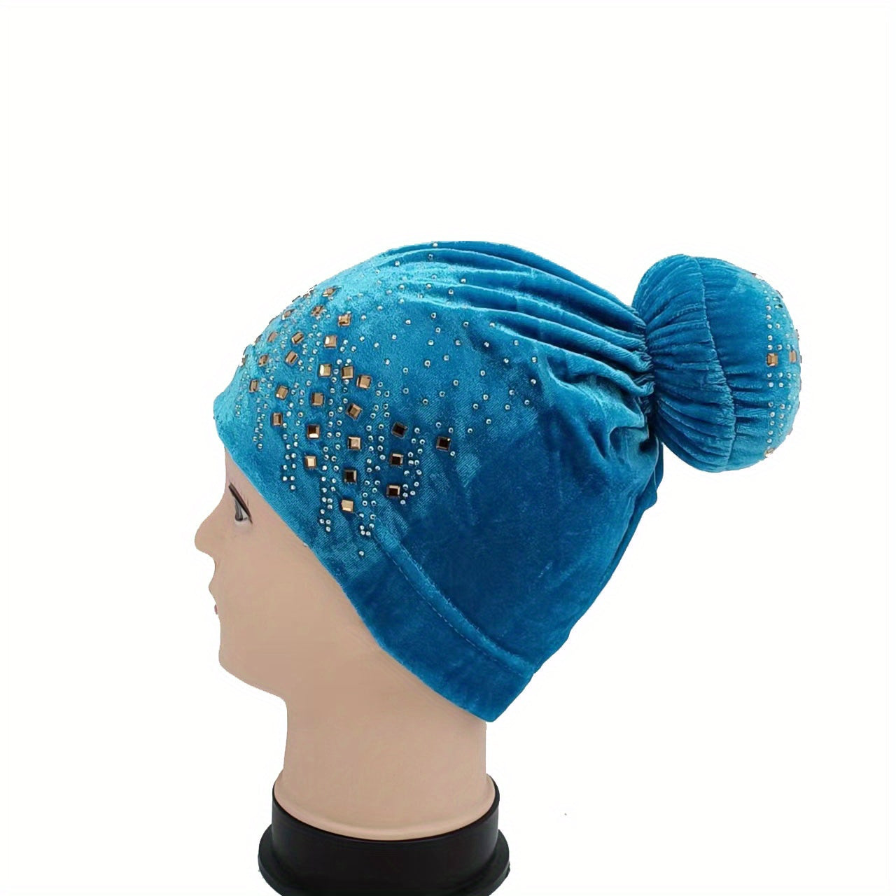 Pom Pom Rhinestone Turban Velvet Head Wrap Chemo Cap