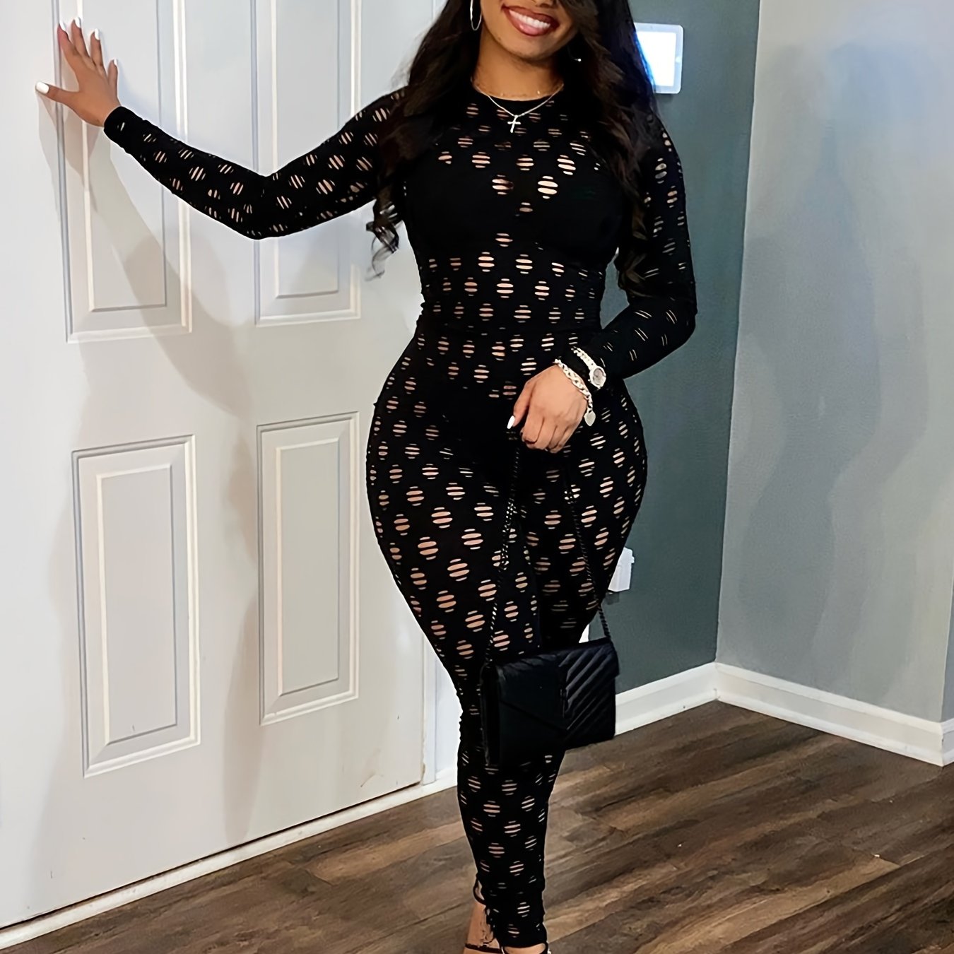 Hollow Zip Back Jumpsuit Sexy Bodycon Long Sleeve Jumpsuit