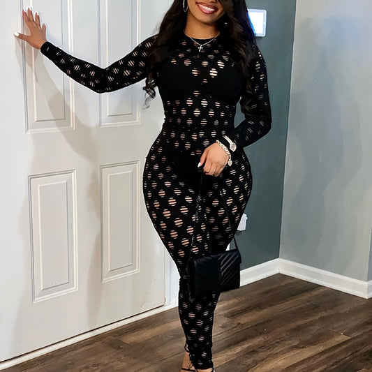 Hollow Zip Back Jumpsuit Sexy Bodycon Long Sleeve Jumpsuit