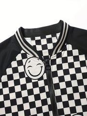 Smiling Face Plaid Jacket Men's Zip Up Coat