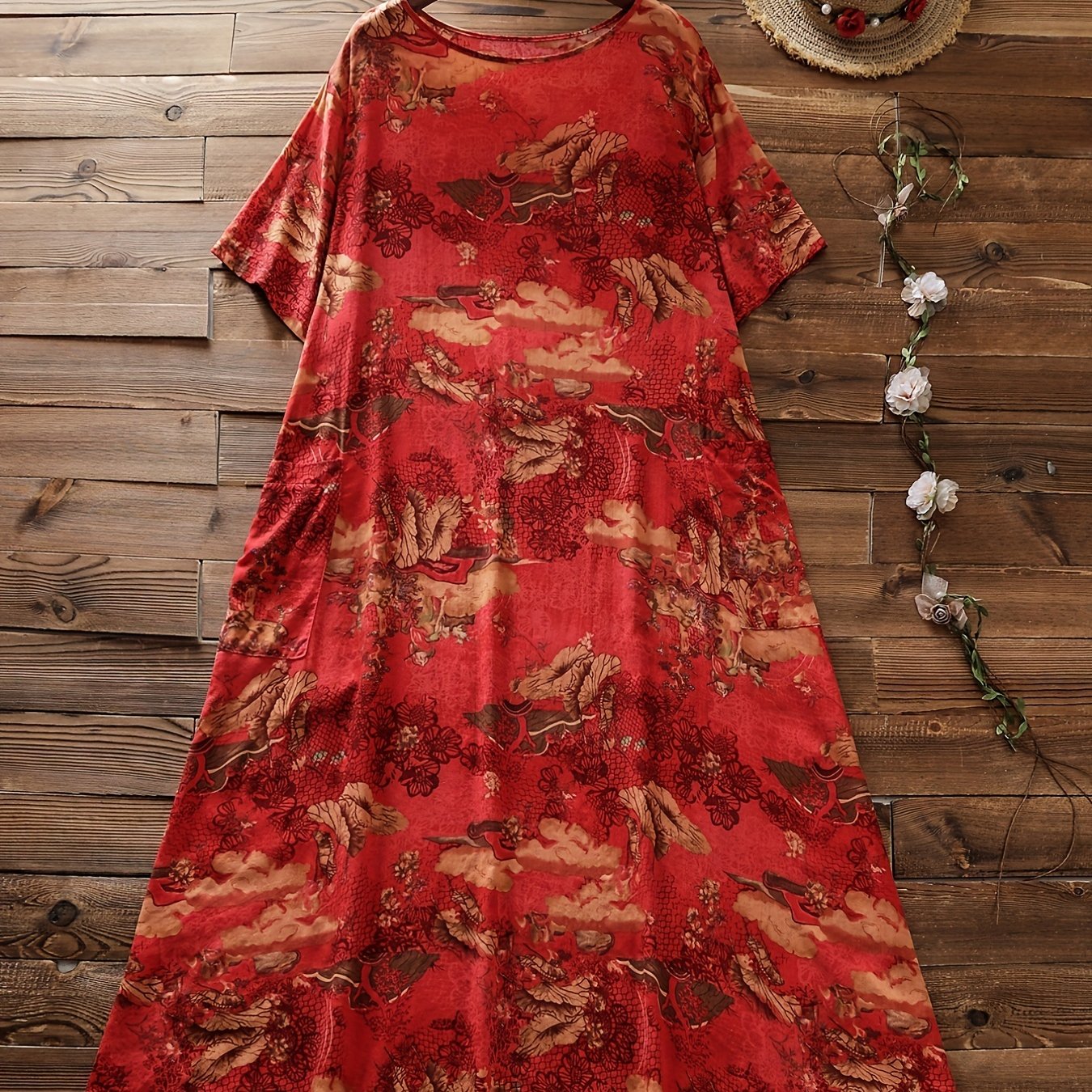 Chinoiserie Print Short Sleeve Dress Plus Size