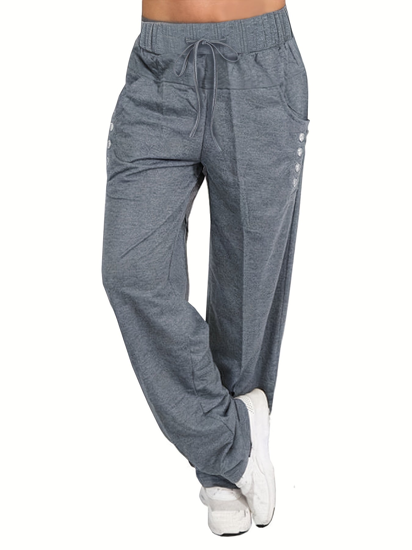  Solid Button Decor Drawstring Pants