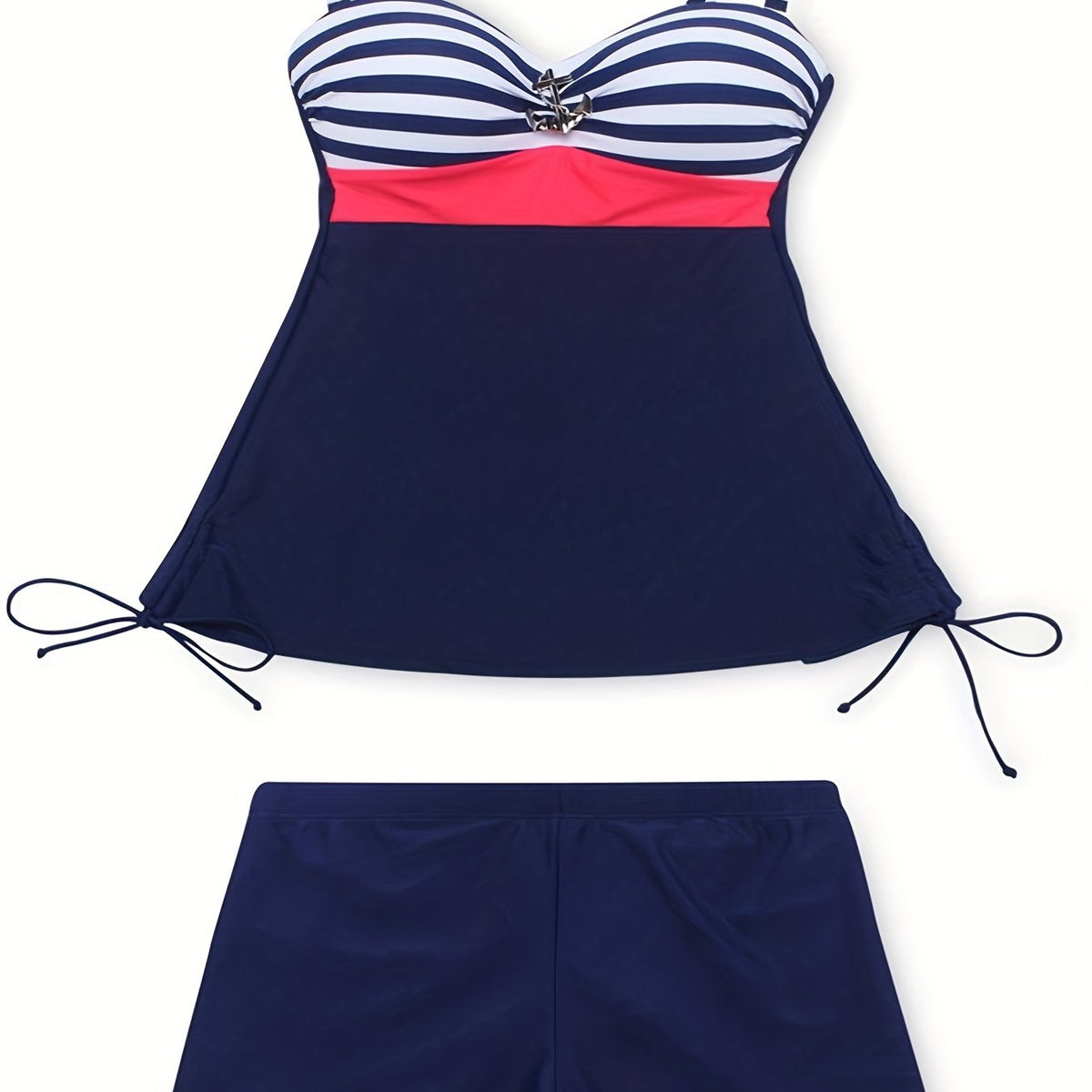 Striped Print Tankini Set V Neck Boxer Short Bottom Swimsuit Women's Swimwear