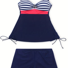 Striped Print Tankini Set V Neck Boxer Short Bottom Swimsuit Women's Swimwear