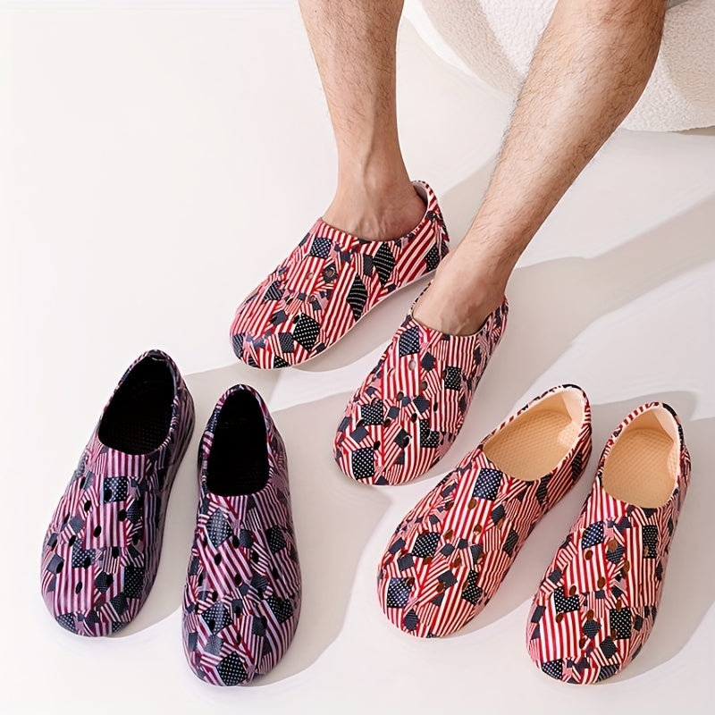 Men's Star & Stripe Print Hollow Out Closed Toe Clog Beach Sandals