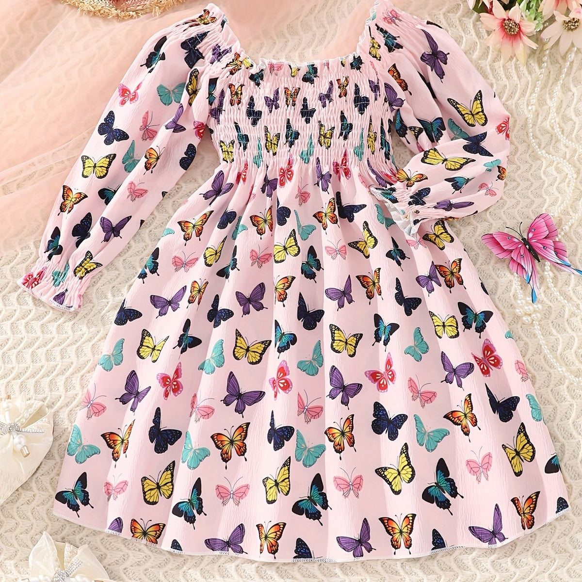 Butterflies Smocked Dress For Girls Comfy Vacation Casual Dress Kids Clothing