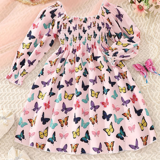 Butterflies Smocked Dress For Girls Comfy Vacation Casual Dress Kids Clothing