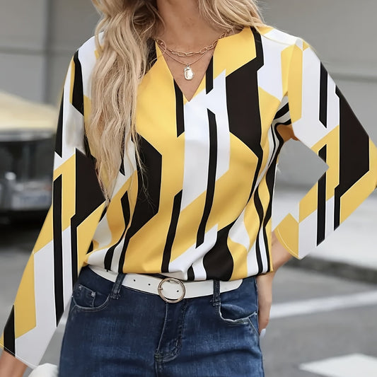  Colorblock Geo Print Notched Neck Top