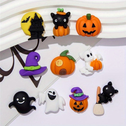 10pcs Halloween Resin Ornaments Charms Spider Skull Pumpkin Bat DIY Craft Decor