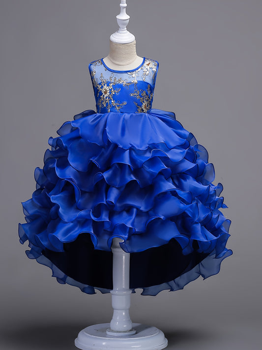 Girls Puffy Princess Dress Flowers Embroidery Layered Dress