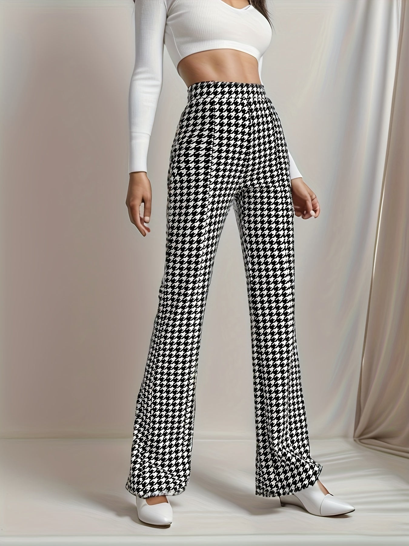  Women's Houndstooth Print High Rise Flared Leg Trousers