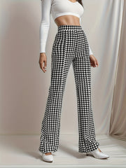  Women's Houndstooth Print High Rise Flared Leg Trousers