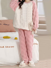 Solid Fuzzy Lounge Set Crew Neck Top & Pants Women's Loungewear