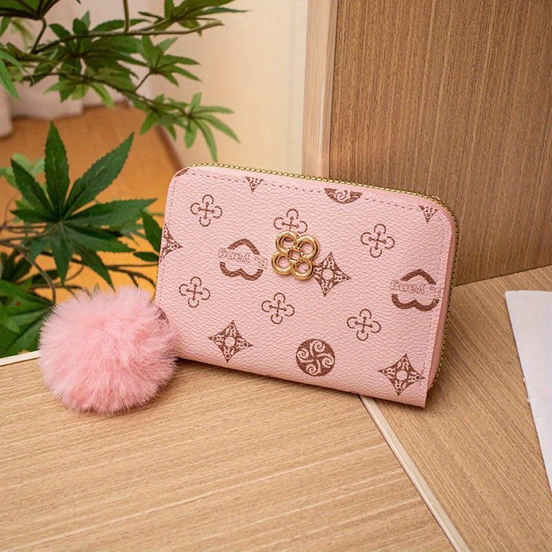 Vintage Zip Around Coin Purse with Pom Pom