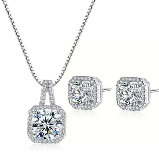 925 Silver Crystal Necklace Earrings Set Bridal Jewelry