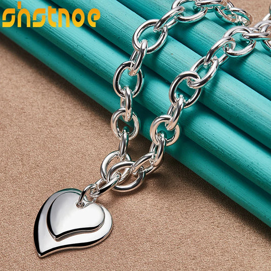925 Silver Double Heart Pendant Necklace 18-Inch Chain