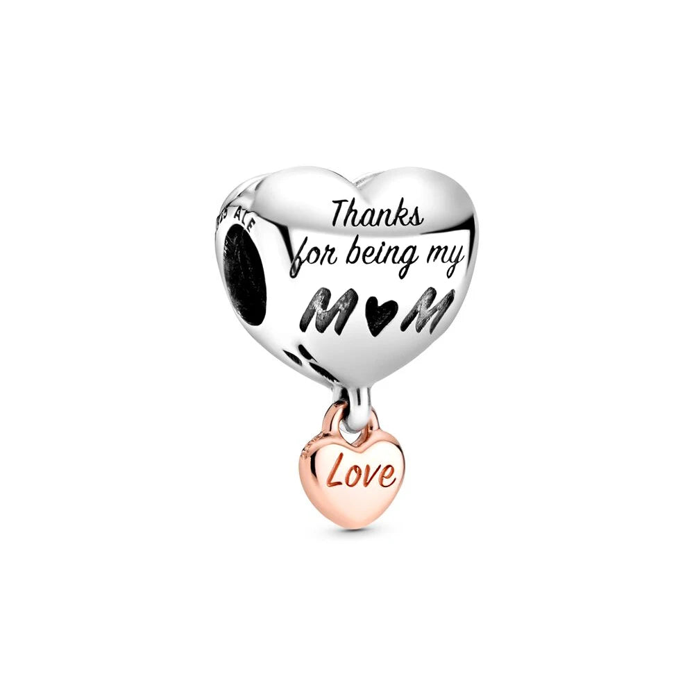 925 Silver Heart & Mum Charm Pendants for Bracelets - Women Birthday Party Gift