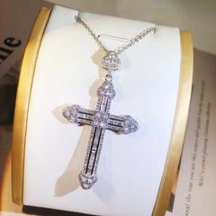 925 Silver Cross Pendant Necklace Zircon Inlay Charm Unisex Jewelry
