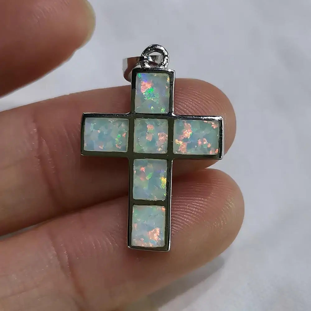 925 Silver Australian Fire Opal Cross Pendant Necklace Gift
