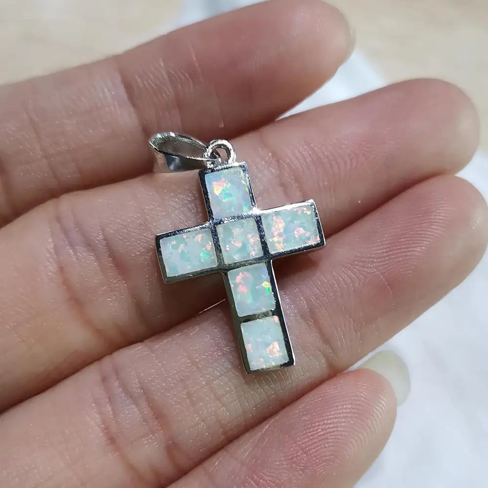 925 Silver Australian Fire Opal Cross Pendant Necklace Gift