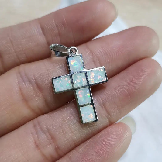 925 Silver Australian Fire Opal Cross Pendant Necklace Gift