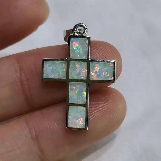 925 Silver Australian Fire Opal Cross Pendant Necklace Gift