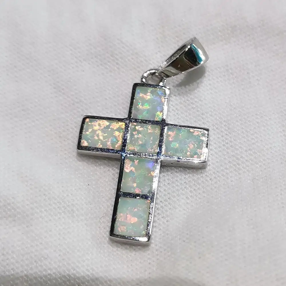 925 Silver Australian Fire Opal Cross Pendant Necklace Gift