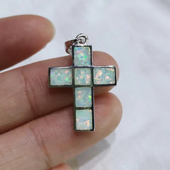 925 Silver Australian Fire Opal Cross Pendant Necklace Gift