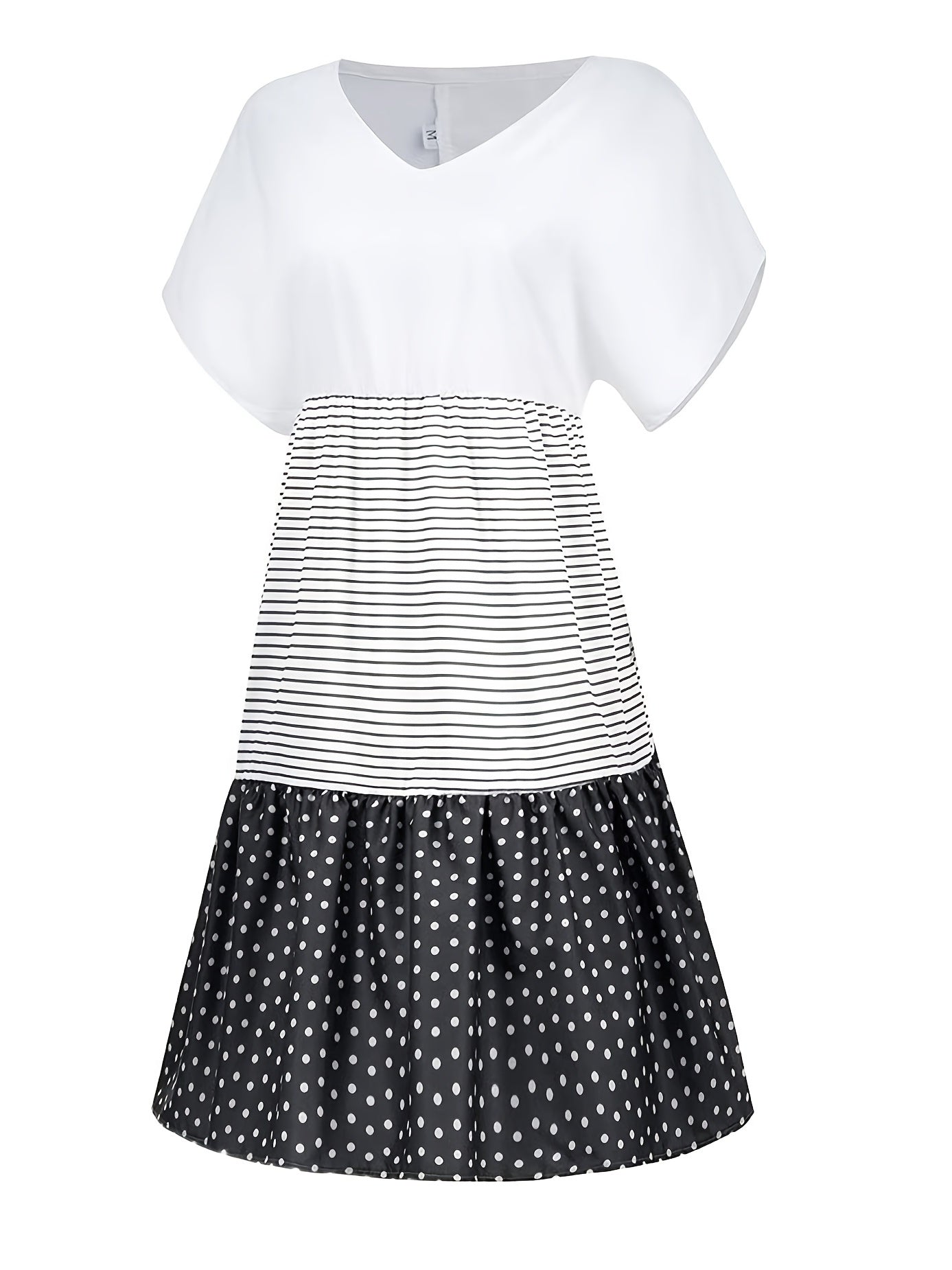 Striped Polka Dot Stitching Dress V Neck Short Sleeve Flared Dress