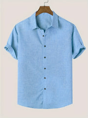 Men's Solid Lapel Short Sleeves Button Up Shirt