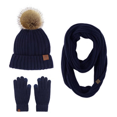Winter Women's Fur Ball Knit Hat Scarf Gloves Set - Valentines