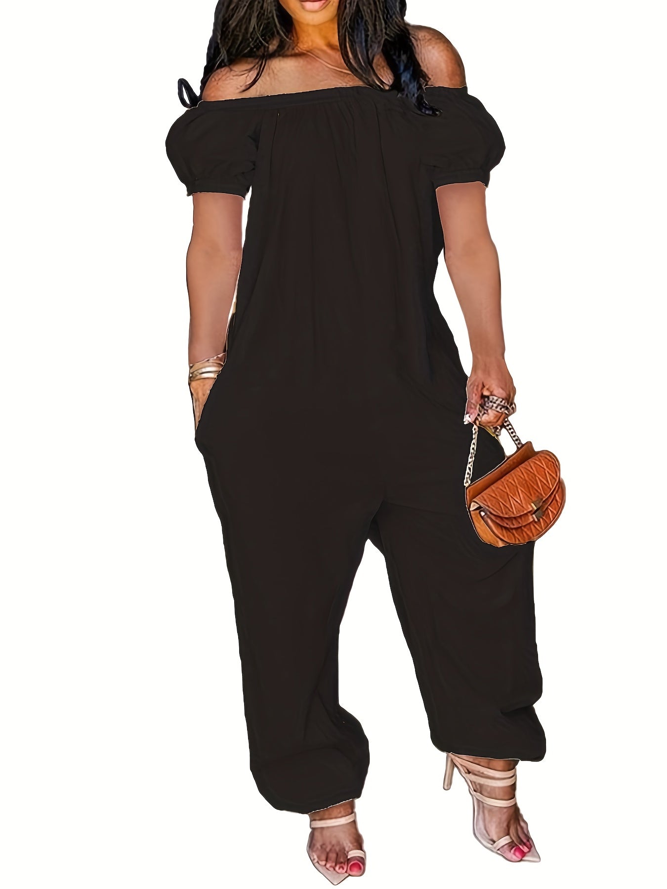  Off Shoulder Bubble Sleeve Jumpsuit