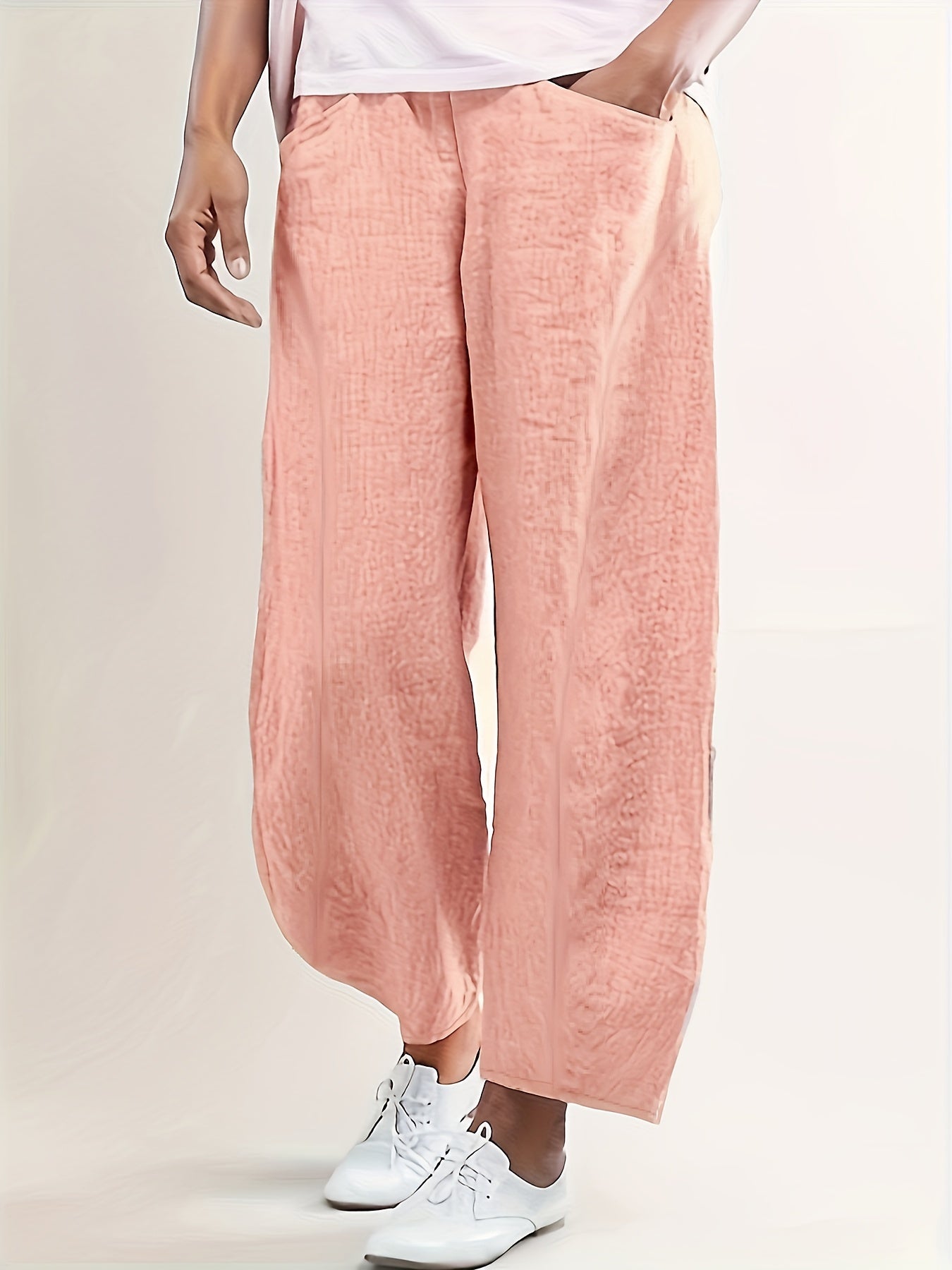  Solid Elastic High Rise Casual Pants