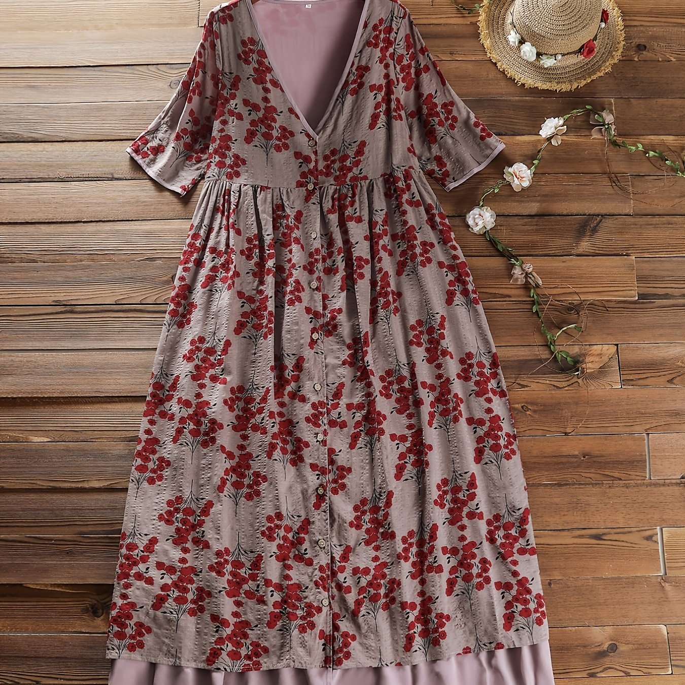  Floral Print Layered Short Sleeve Dress