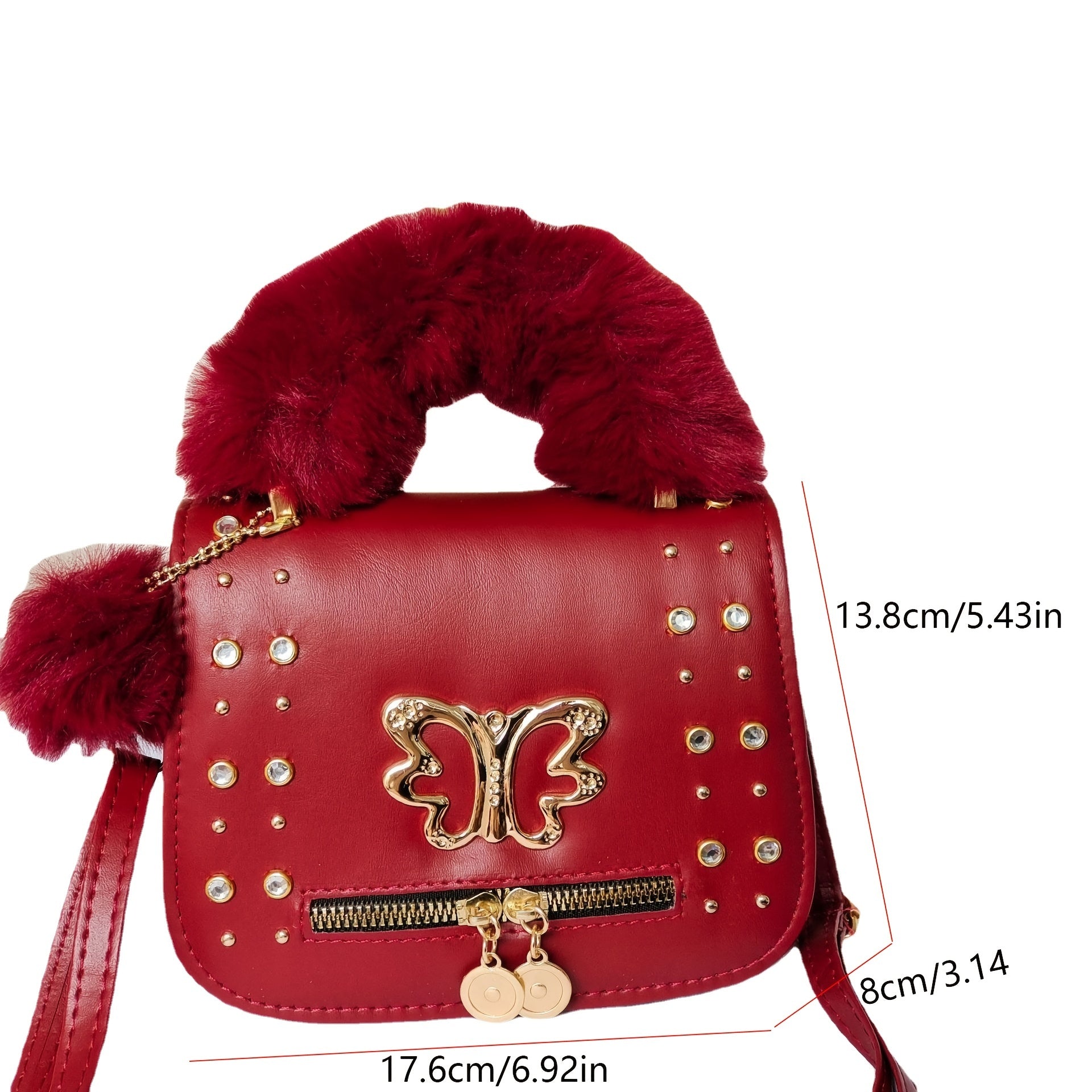 Rhinestone Butterfly Crossbody Bag Square Purse Plush Handle