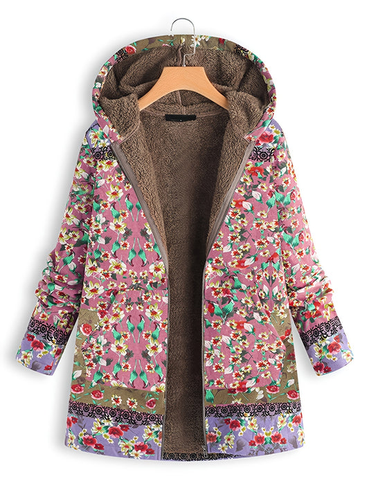 Floral Print Hooded Padded Coat Winter Outerwear